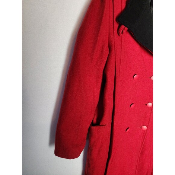 Vintage Basile Red Wool Coat Black Accents Long Womens Large - Picture 7 of 12